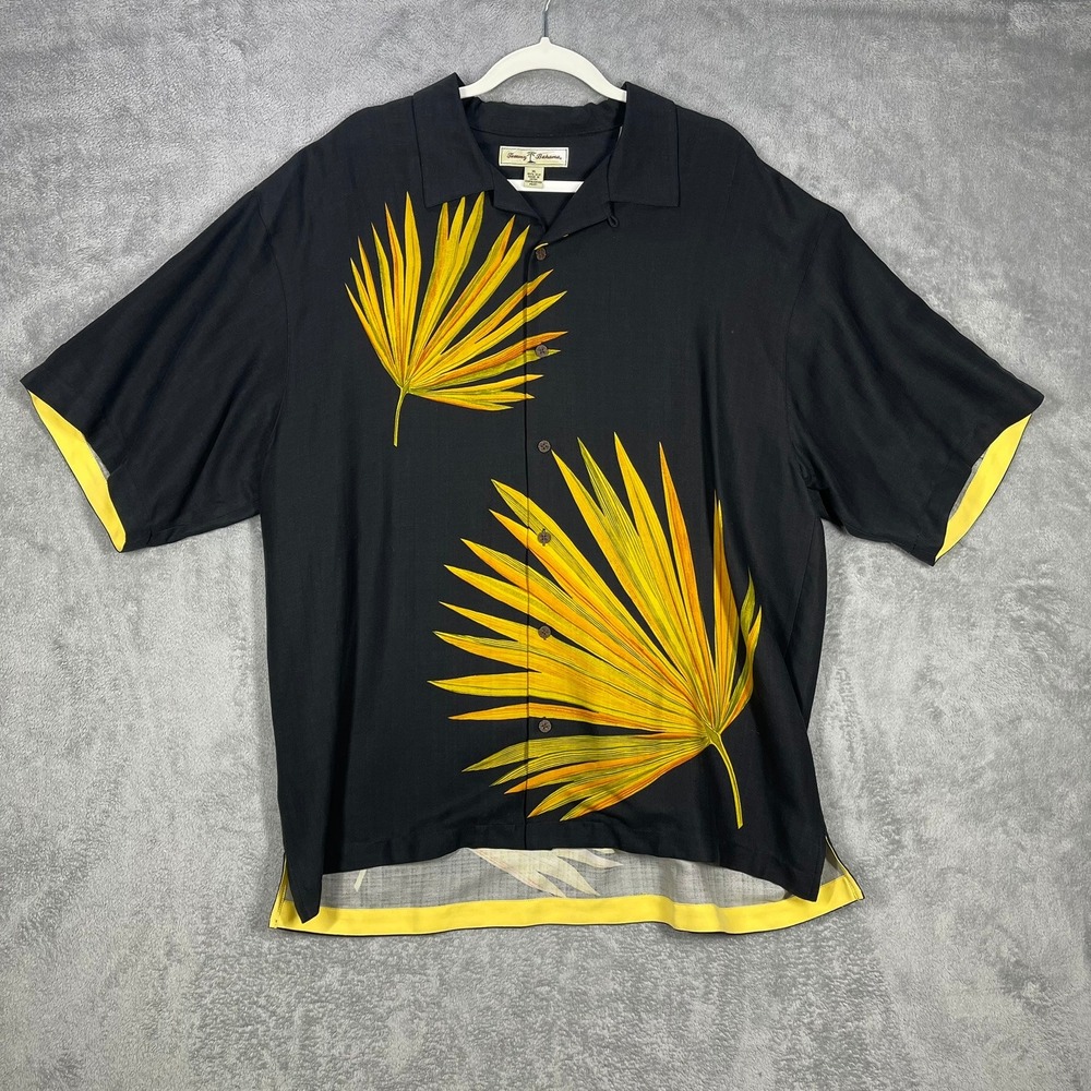 Tommy Bahama Silk Shirt Mens XL Black Yellow Palm Leaf Print Button Up